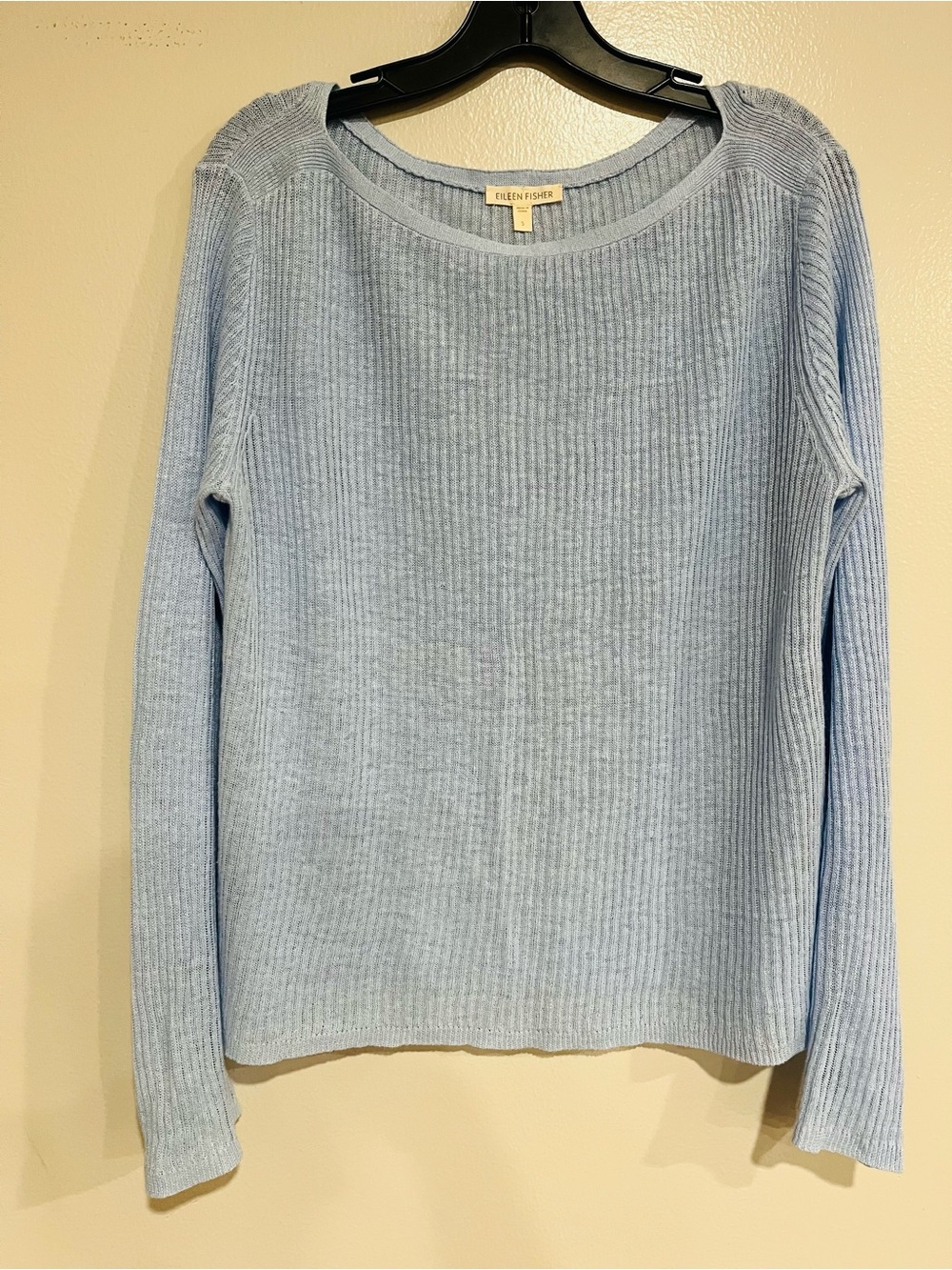 Eileen Fisher 100% Linen Light Blue Ribbed Knit Boatneck Sweater Sz S